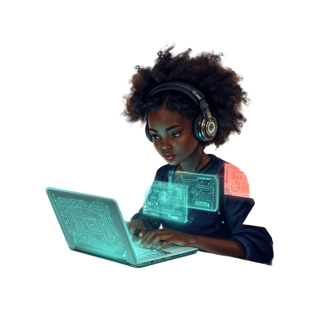 Young Black girl with natural hair and headphones coding on a glowing laptop with holographic interfaces